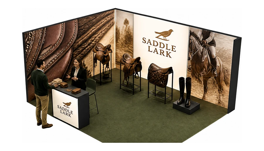 Stoisko 5 × 4 m narożne lewe dla branży jeździectwo, przykładowa marka Saddle Lark