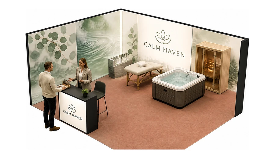 Stoisko 5 × 4 m narożne lewe dla branży spa i wellness, przykładowa marka Calm Haven