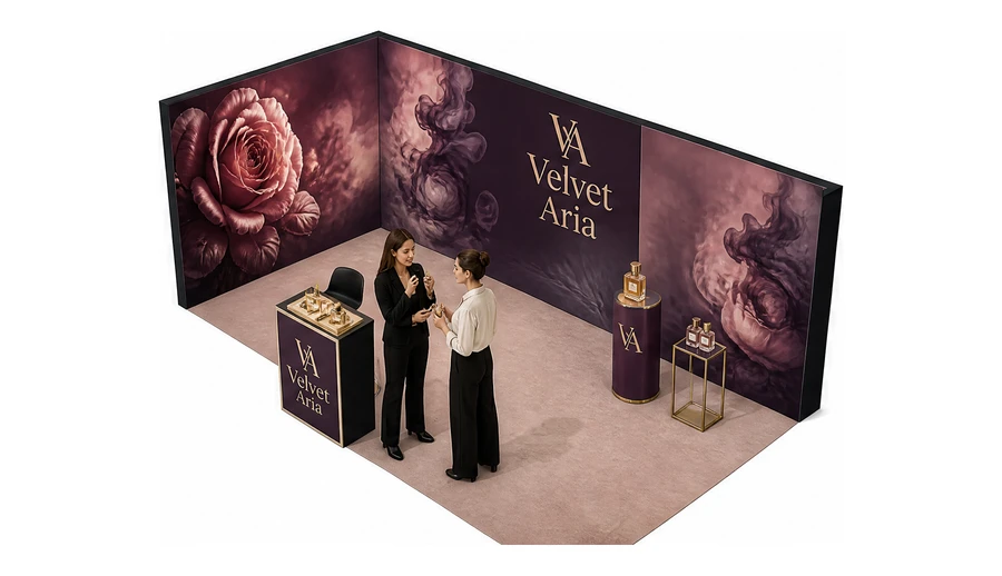 Stoisko 6 × 3 m narożne lewe dla branży perfumy, przykładowa marka Velvet Aria