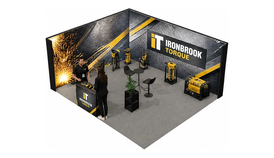 Stoisko 6 × 5 m narożne lewe dla branży elektronarzędzia, przykładowa marka Ironbrook Torque