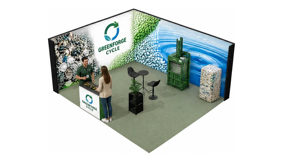 Stoisko 6 × 5 m narożne lewe dla branży recykling i ochrona środowiska, przykładowa marka Greenforge Cycle