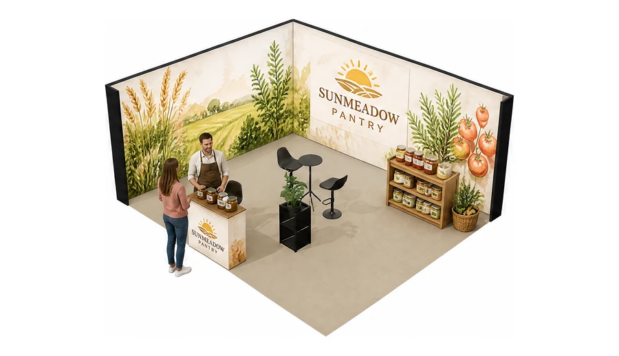 Stoisko 6 × 5 m narożne lewe dla branży żywność ekologiczna, przykładowa marka Sunmeadow Pantry