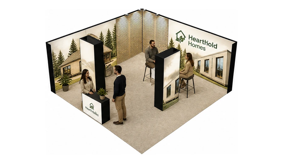 Stoisko 6 × 6 m narożne lewe dla branży domy modułowe i prefabrykacja, przykładowa marka Hearthfold Homes
