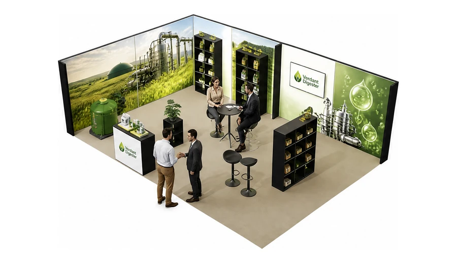 Stoisko 8 × 5 m narożne lewe dla branży biogaz i OZE, przykładowa marka Verdant Digester