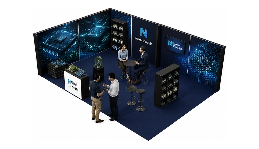 Stoisko 8 × 5 m narożne lewe dla branży komponenty elektroniczne, przykładowa marka Nexel Circuits