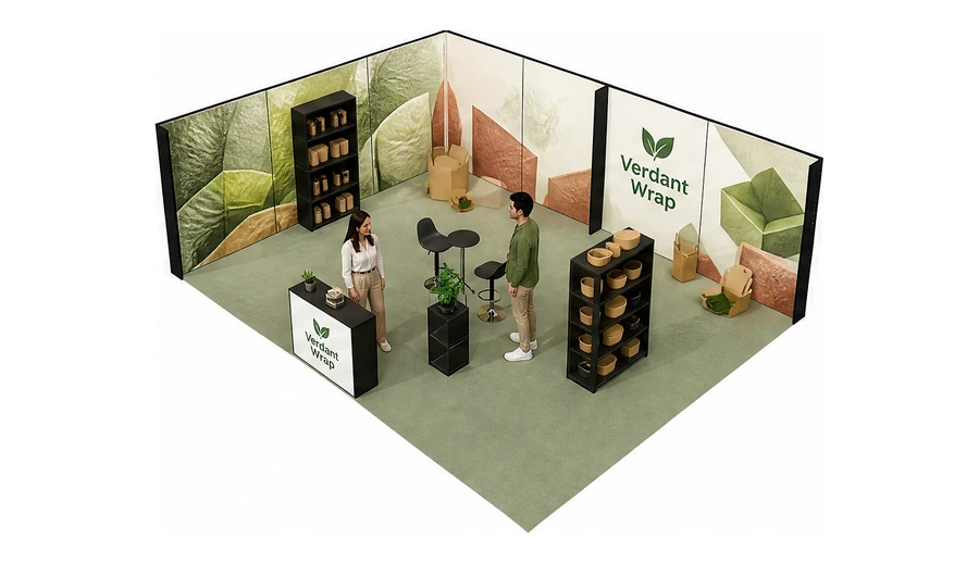 Stoisko 8 × 6 m narożne lewe dla branży opakowania ekologiczne, przykładowa marka Verdant Wrap