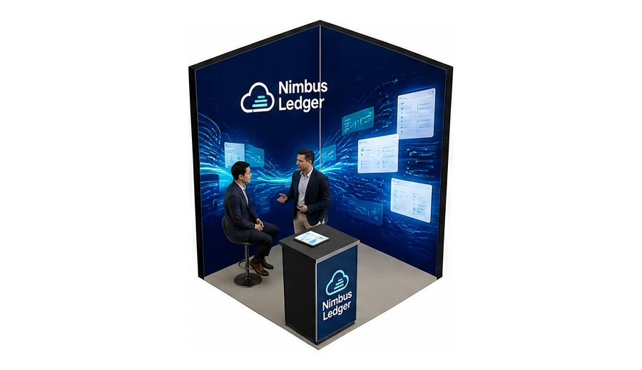 Stoisko 2 × 2 m narożne prawe dla branży oprogramowanie dla firm, przykładowa marka Nimbus Ledger