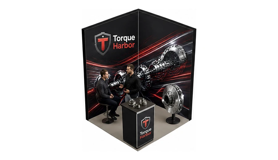 Stoisko 2 × 2 m narożne prawe dla branży części motoryzacyjne, przykładowa marka Torque Harbor