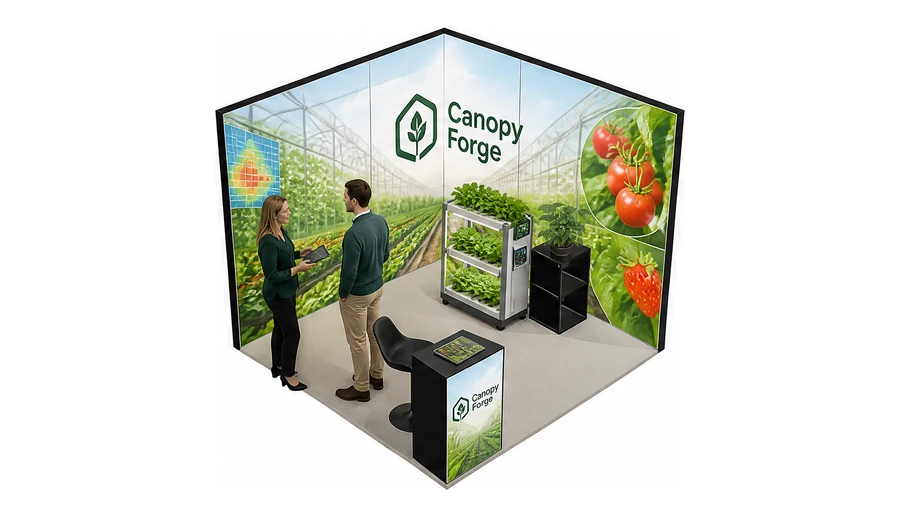Stoisko 3 × 3 m narożne prawe dla branży sadownictwo i warzywnictwo, przykładowa marka Canopy Forge