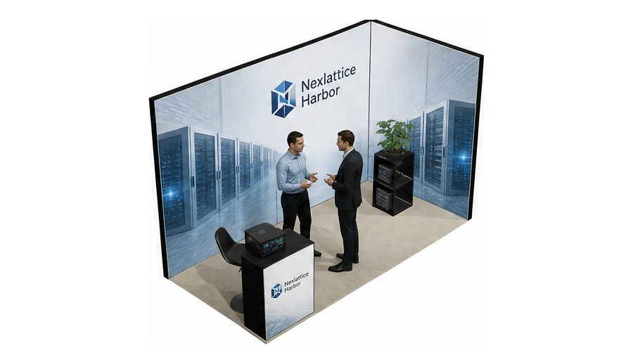 Stoisko 4 × 2 m narożne prawe dla branży infrastruktura IT i data center, przykładowa marka Nexlattice Harbor