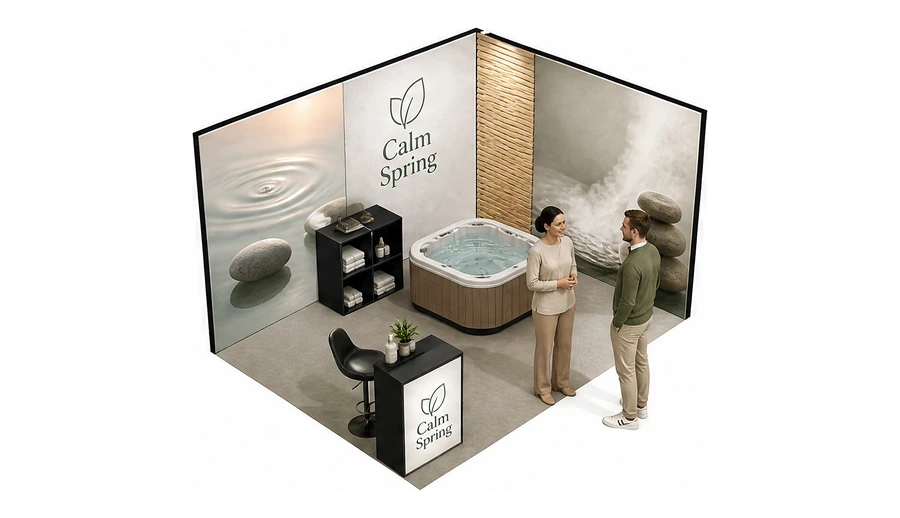 Stoisko 4 × 3 m narożne prawe dla branży spa i wellness, przykładowa marka Calm Spring