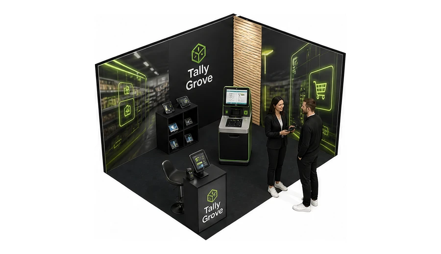 Stoisko 4 × 3 m narożne prawe dla branży technologie dla handlu, przykładowa marka Tally Grove