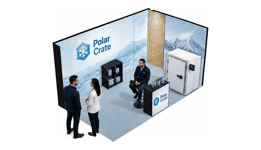 Stoisko 5 × 3 m narożne prawe dla branży łańcuch chłodniczy, przykładowa marka Polar Crate