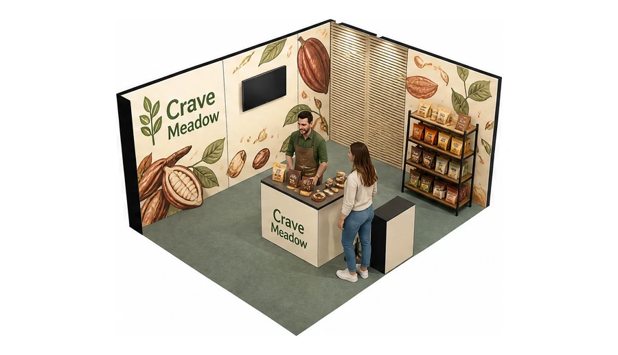 Stoisko 5 × 4 m narożne prawe dla branży słodycze i przekąski, przykładowa marka Crave Meadow