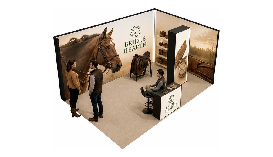 Stoisko 6 × 4 m narożne prawe dla branży jeździectwo, przykładowa marka Bridle Hearth