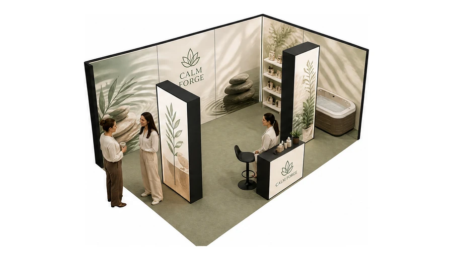 Stoisko 6 × 4 m narożne prawe dla branży spa i wellness, przykładowa marka Calm Forge