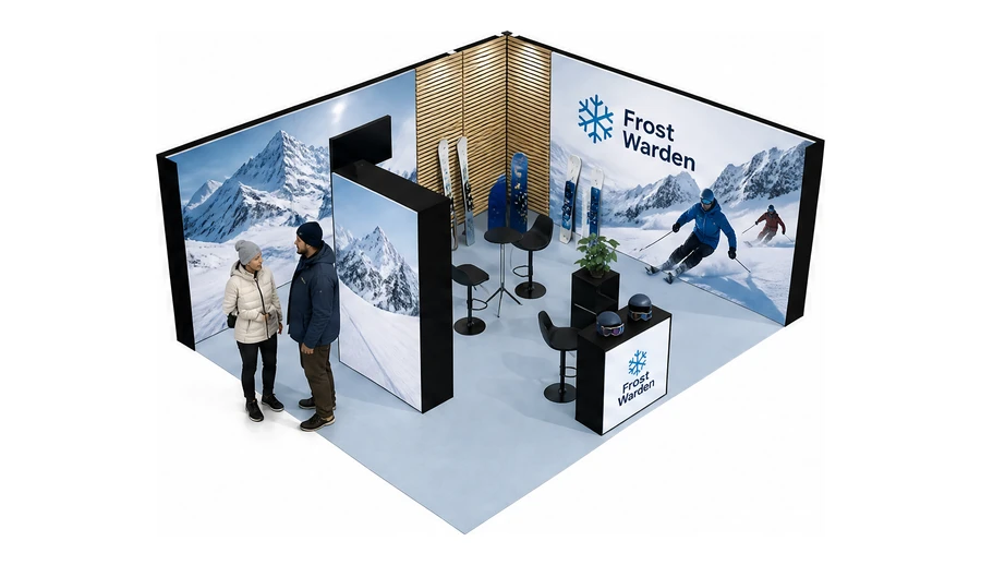 Stoisko 6 × 5 m narożne prawe dla branży narciarstwo i sporty zimowe, przykładowa marka Frost Warden