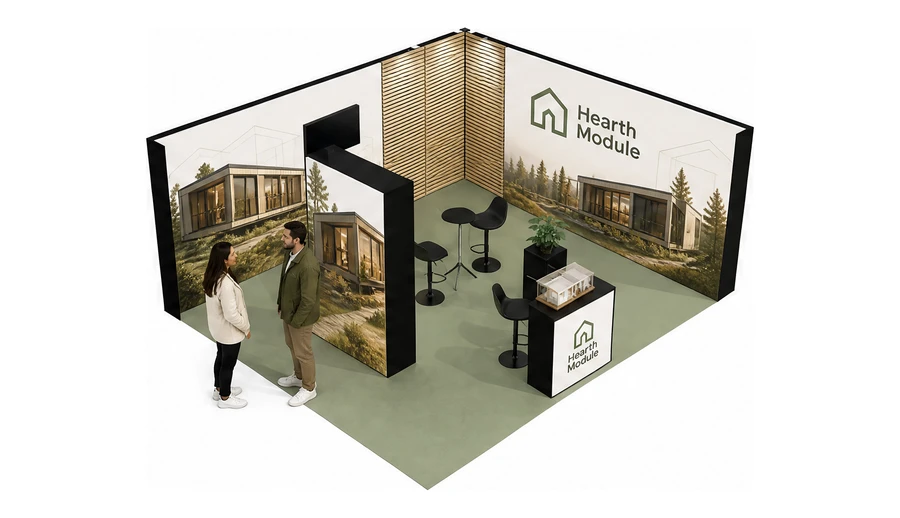 Stoisko 6 × 5 m narożne prawe dla branży domy modułowe i prefabrykacja, przykładowa marka Hearth Module