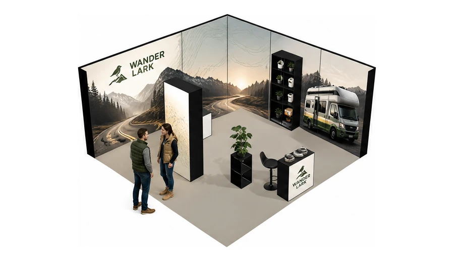 Stoisko 6 × 6 m narożne prawe dla branży caravaning i kampery, przykładowa marka Wander Lark