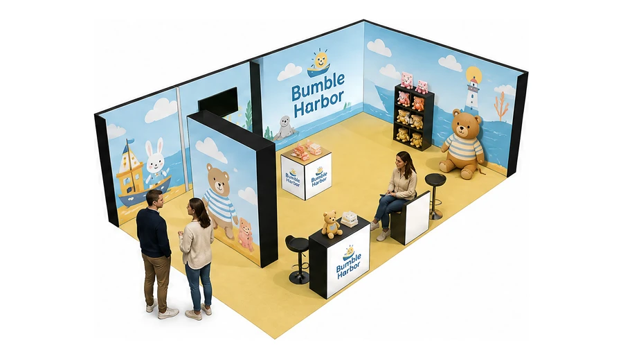Stoisko 8 × 5 m narożne prawe dla branży zabawki i artykuły dziecięce, przykładowa marka Bumble Harbor