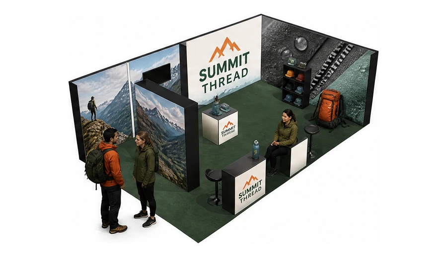 Stoisko 8 × 5 m narożne prawe dla branży odzież i sprzęt outdoorowy, przykładowa marka Summit Thread