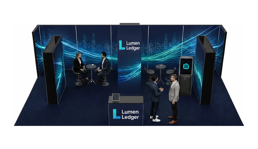 Stoisko 10 × 5 m półwyspowe dla branży płatności online, przykładowa marka Lumen Ledger