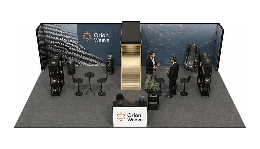 Stoisko 10 × 6 m półwyspowe dla branży materiały kompozytowe, przykładowa marka Orion Weave