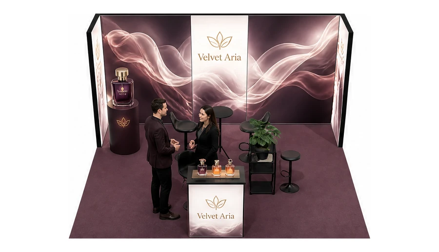 Stoisko 5 × 4 m półwyspowe dla branży perfumy, przykładowa marka Velvet Aria