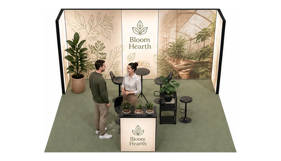 Stoisko 5 × 4 m półwyspowe dla branży rośliny i kwiaciarstwo, przykładowa marka Bloom Hearth