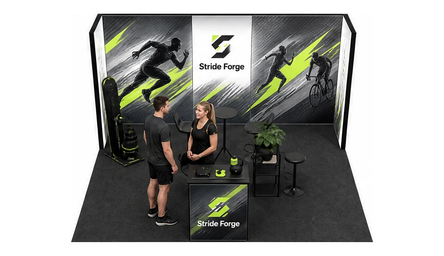 Stoisko 5 × 4 m półwyspowe dla branży sprzęt sportowy, przykładowa marka Stride Forge
