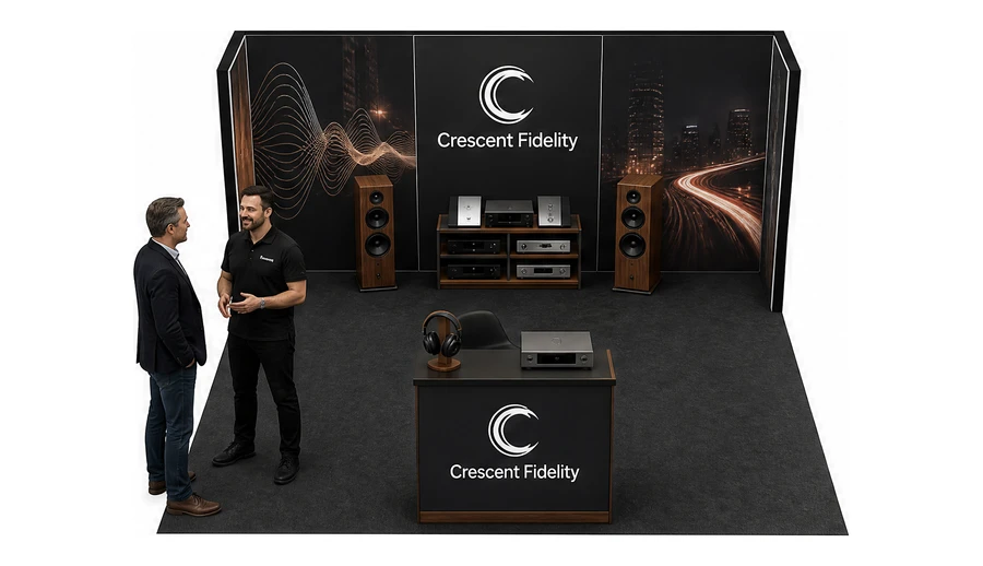Stoisko 5 × 5 m półwyspowe dla branży sprzęt audio-video, przykładowa marka Crescent Fidelity