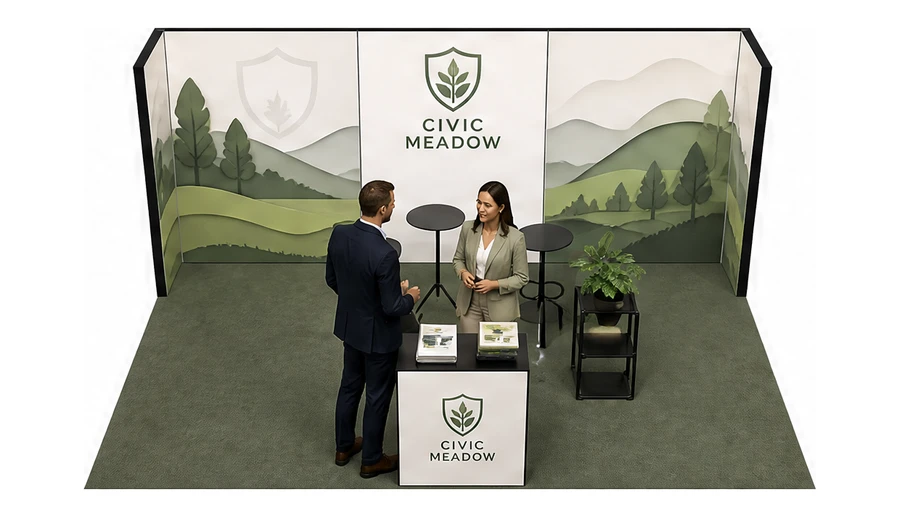 Stoisko 6 × 4 m półwyspowe dla branży ubezpieczenia, przykładowa marka Civic Meadow