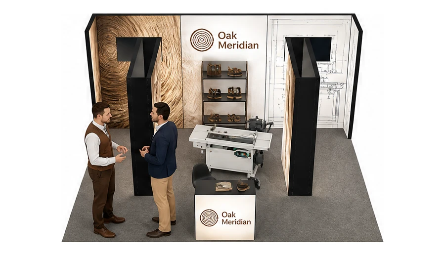 Stoisko 6 × 5 m półwyspowe dla branży maszyny do obróbki drewna, przykładowa marka Oak Meridian