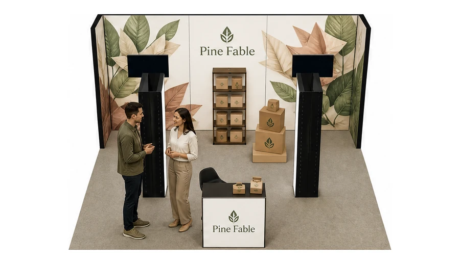 Stoisko 6 × 6 m półwyspowe dla branży opakowania ekologiczne, przykładowa marka Pine Fable