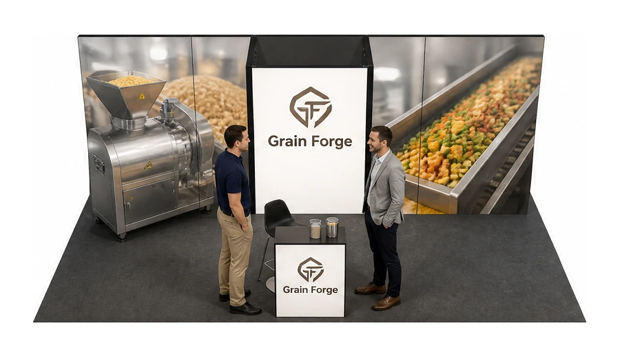 Stoisko 8 × 4 m półwyspowe dla branży technologie spożywcze, przykładowa marka Grain Forge