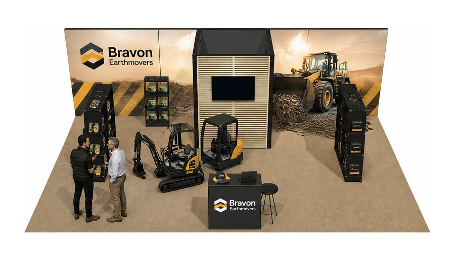 Stoisko 8 × 5 m półwyspowe dla branży maszyny budowlane, przykładowa marka Bravon Earthmovers