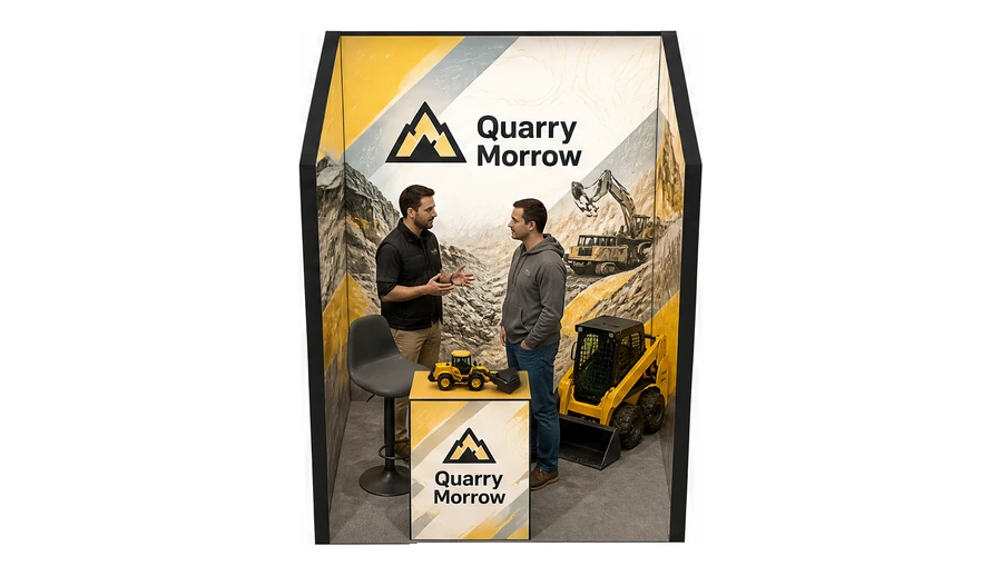 Stoisko 2 × 2 m szeregowe dla branży maszyny budowlane, przykładowa marka Quarry Morrow