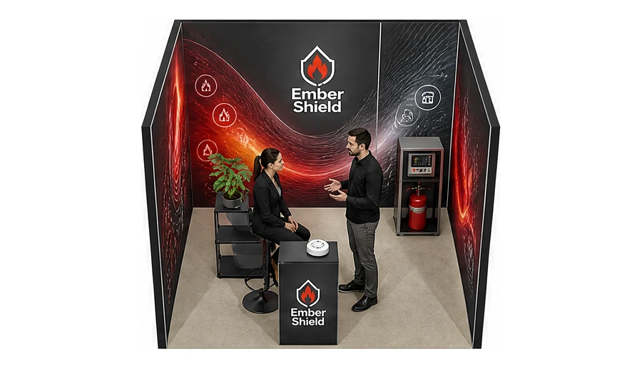 Stoisko 3 × 3 m szeregowe dla branży ochrona przeciwpożarowa, przykładowa marka Ember Shield