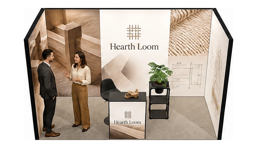 Stoisko 4 × 2 m szeregowe dla branży meble designerskie, przykładowa marka Hearth Loom