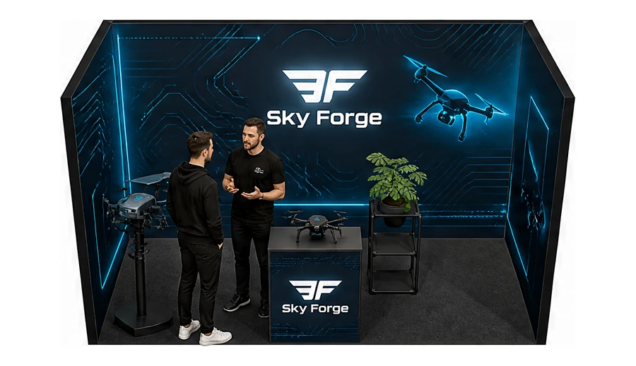 Stoisko 4 × 2 m szeregowe dla branży drony i robotyka, przykładowa marka Sky Forge