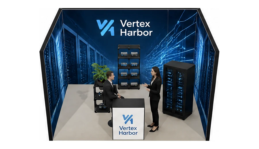 Stoisko 4 × 3 m szeregowe dla branży infrastruktura IT i data center, przykładowa marka Vertex Harbor