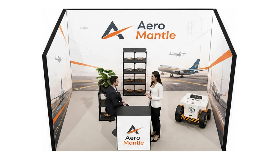 Stoisko 4 × 3 m szeregowe dla branży lotnictwo, przykładowa marka Aero Mantle