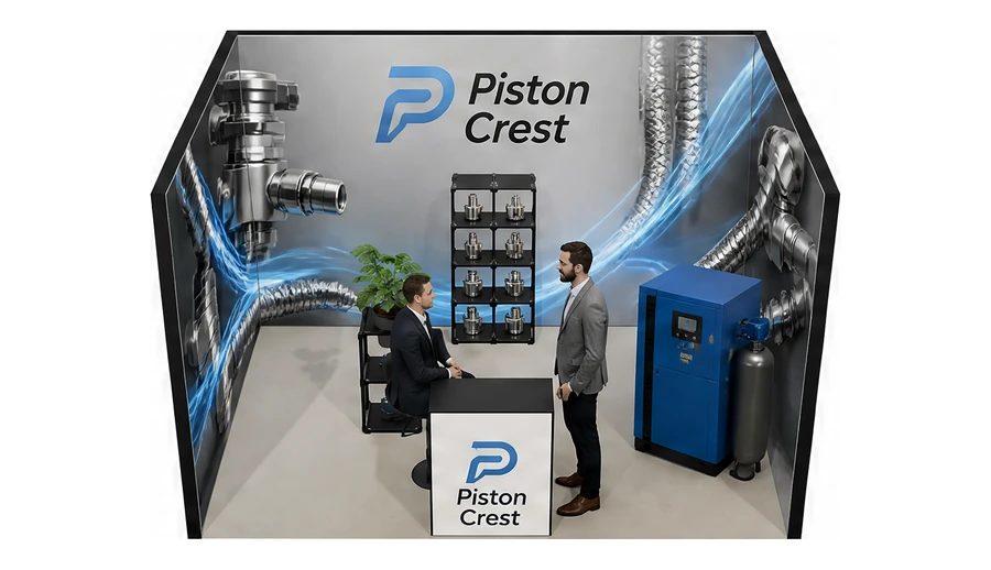 Stoisko 4 × 3 m szeregowe dla branży pneumatyka i sprężone powietrze, przykładowa marka Piston Crest