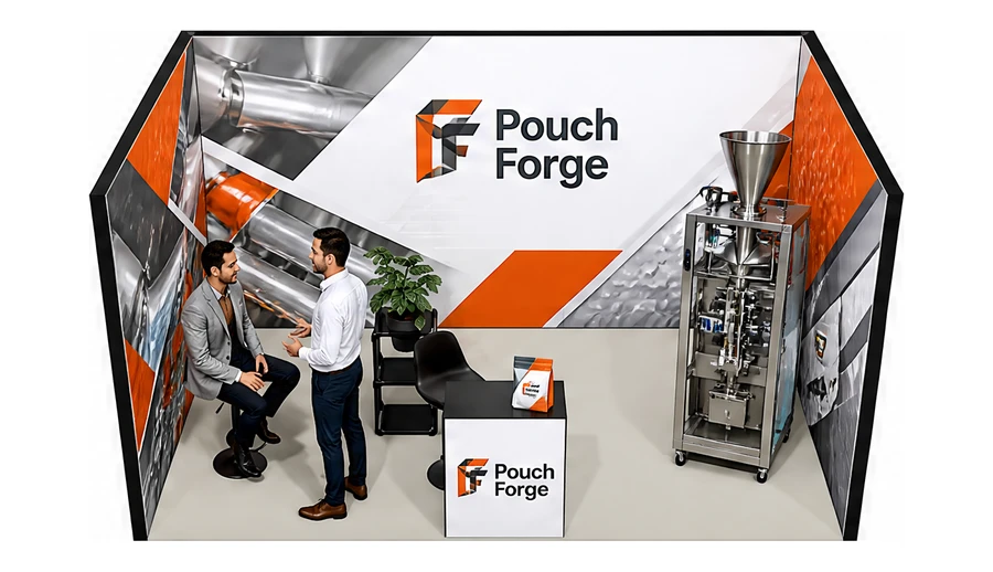 Stoisko 5 × 3 m szeregowe dla branży maszyny pakujące, przykładowa marka Pouch Forge
