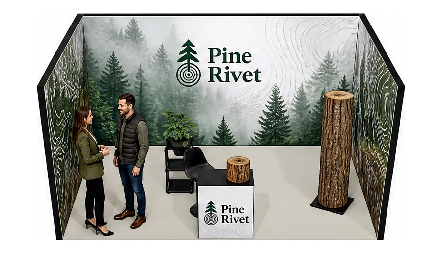 Stoisko 5 × 3 m szeregowe dla branży leśnictwo i przemysł drzewny, przykładowa marka Pine Rivet