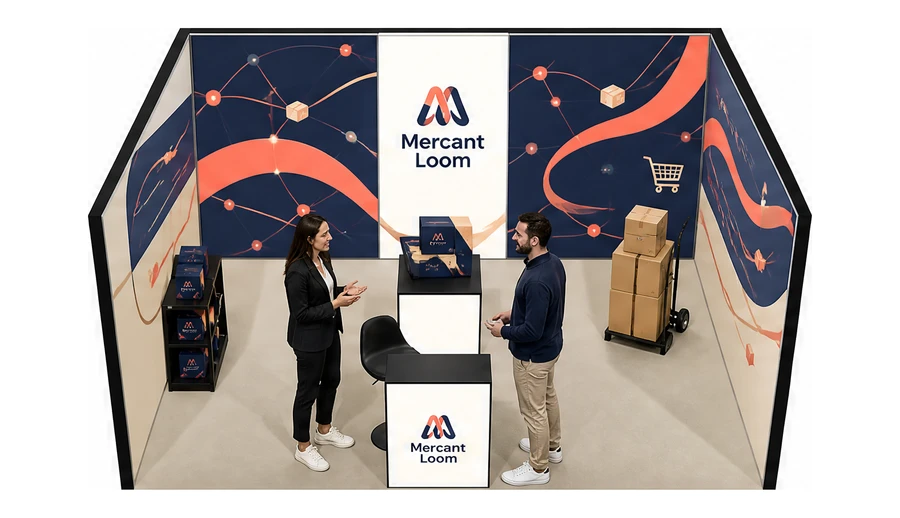 Stoisko 5 × 4 m szeregowe dla branży e-commerce, przykładowa marka Mercant Loom