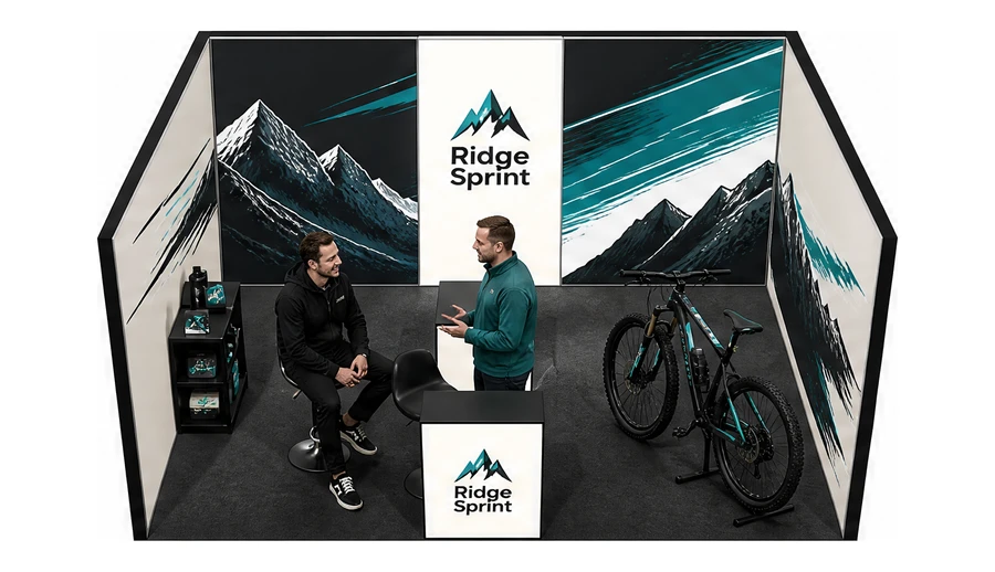Stoisko 5 × 4 m szeregowe dla branży sprzęt sportowy, przykładowa marka Ridge Sprint