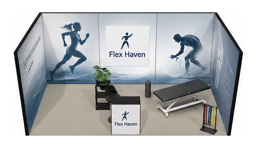 Stoisko 6 × 3 m szeregowe dla branży rehabilitacja i fizjoterapia, przykładowa marka Flex Haven
