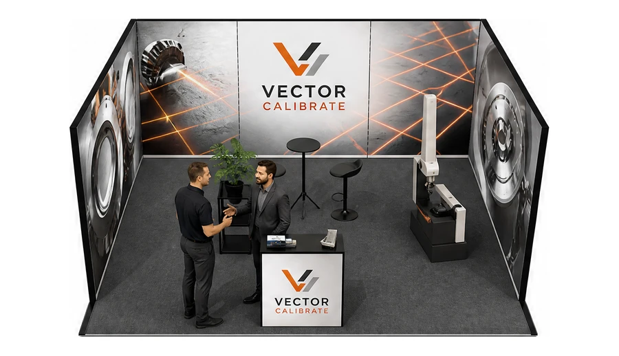 Stoisko 6 × 4 m szeregowe dla branży technika pomiarowa, przykładowa marka Vector Calibrate