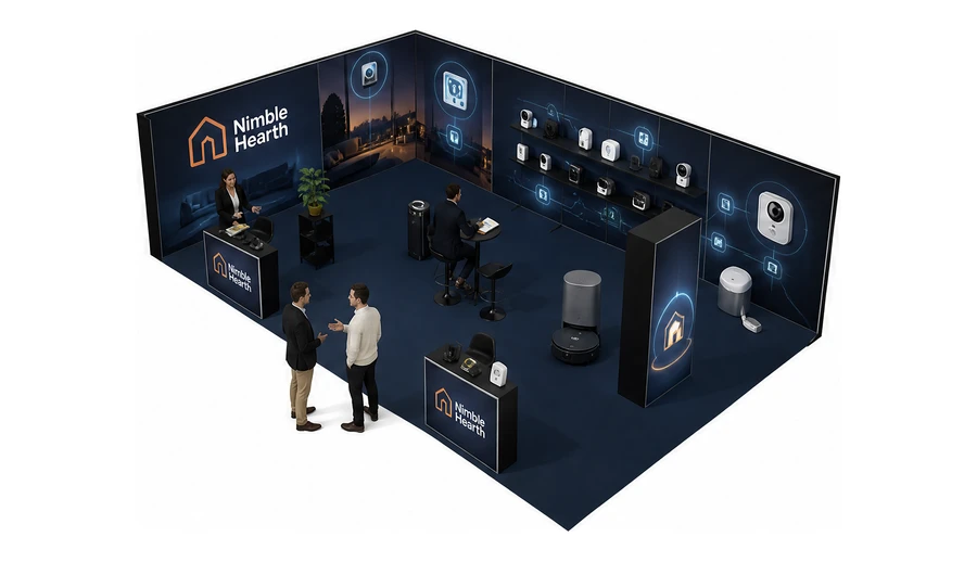 Stoisko 10 × 6 m narożne lewe dla branży smart home i IoT, przykładowa marka Nimble Hearth